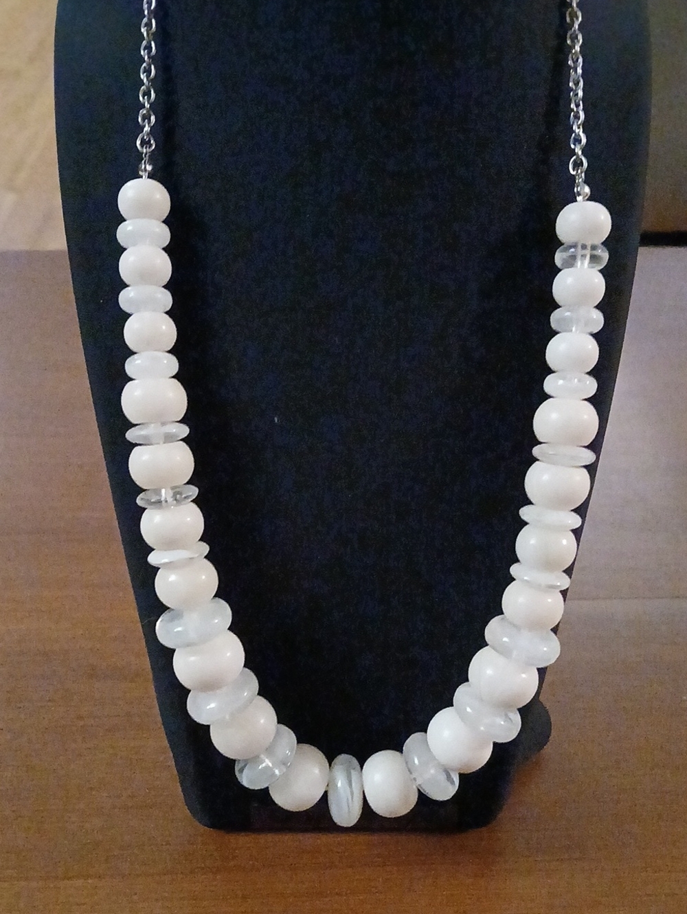 White Beaded Statement Necklace - Women Jewelry Silver Tone 16"
